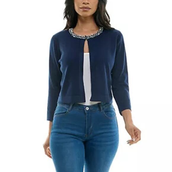 Nina Leonard Sweaters - Nina Leonard Navy Blue Open Front Crop Cardigan Sweater NWT Pearl Trim Preppy XL